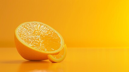 3D rendering of a juicy orange. The orange is cut in half, and a slice is lying next to it. The...