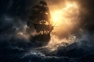 Colossal Pirate Galleon Weathering Fierce Oceanic Storm at Sea - obrazy, fototapety, plakaty