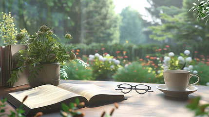 Fototapeten An open book and a coffee cup are placed on a wooden table next to a beautiful garden view as a background with a relaxed ambience. Background for relaxation, vacation and rest time. © Kanlayarawit