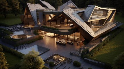 Dramatic indoor/outdoor contemporary estate with colliding geometric roof forms and folded planes integrated into landscape. - obrazy, fototapety, plakaty