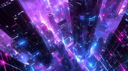 Bottom-up view of a futuristic neon cityscape at night, characterized by retro wave and cyberpunk elements, with bright neon purple and blue lights illuminating the dark background.