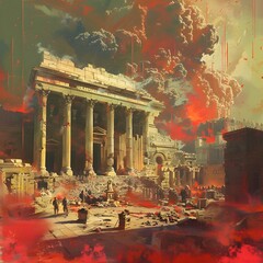 Dramatic Depiction of the Destruction of the Jerusalem Temple by the Roman Empire - obrazy, fototapety, plakaty
