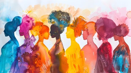 Diverse Female Figures in Vibrant Watercolor Abstract Portraying International Women's Day and Gender Movement - obrazy, fototapety, plakaty
