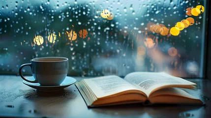 Fototapeten An open book and a coffee cup are placed on a wooden table next to a window with rainy outside in evening time as a background, relaxed ambience. Background for relaxation, vacation and rest time. © Kanlayarawit