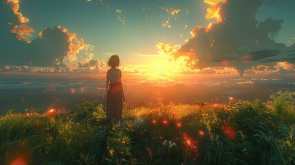 A girl standing on a hill looking at the sky of clouds and sunset over the horizon. insanely detailed wide beautiful mesmerizing view, digital art style, anime illustration. generative AI