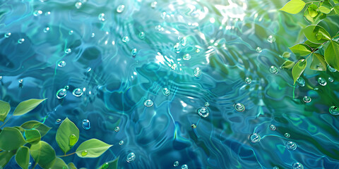 Fototapeta na wymiar Underwater scene with green plants and sun shining through the water