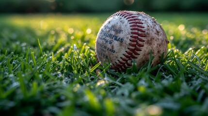   A baseball in a green field of grass