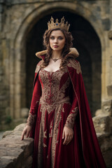 Stately queen in elegant medieval red attire