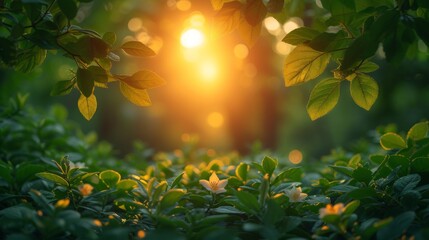   Through the leaves of a tree shining brightly in the grass-filled field of blooming flowers, the sun beams brilliantly