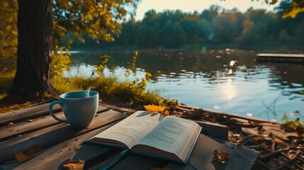 An open book and a coffee cup are placed on a wooden table next to a beautiful river view in dusk time as a background with a relaxed ambience. Background for relaxation, vacation and rest time.