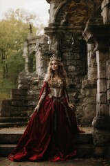 Fototapeta na wymiar Elegant queen posing by gothic ruins