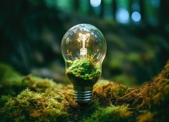 Eco light bulb with greenery and filament, creative environmental concept in forest