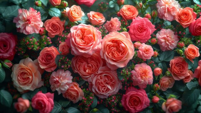   A bouquet of red and pink roses on a green background with room for text or image