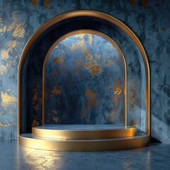 Blue background podium with golden arch and space for product presentation. Abstract blue wall scene showcase, for display cosmetic products, digital art concept.