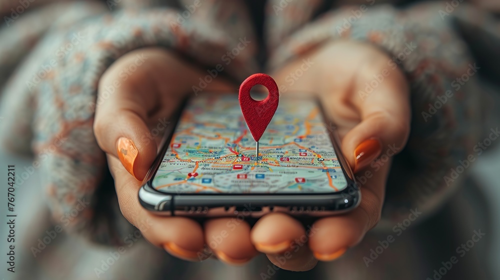 Aufkleber close-up image of a person's hand holding a cellphone with a red map pin pointer against a white bac