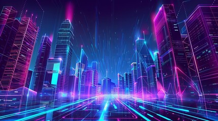 Bottom-up view of a futuristic neon cityscape at night, characterized by retro wave and cyberpunk elements, with bright neon purple and blue lights illuminating the dark background.