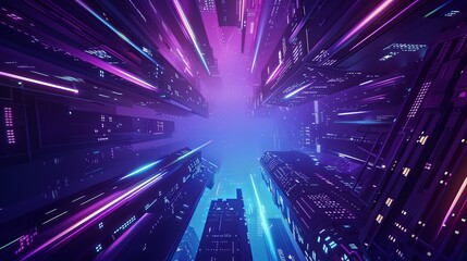 Naklejka premium Bottom-up view of a futuristic neon cityscape at night, characterized by retro wave and cyberpunk elements, with bright neon purple and blue lights illuminating the dark background.