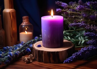 Aromatic lavender candle on wooden stand, calming candlelight ambiance