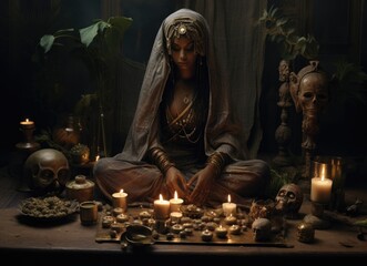 Mystic ritual with candles and skulls, esoteric ceremony in dim light