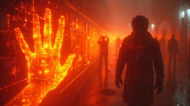   A man stands before a wall with a handprint in a dimly lit room, illuminated by neon lights