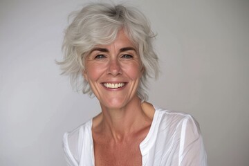 Portrait of a beautiful senior woman with short white hair smiling at the camera