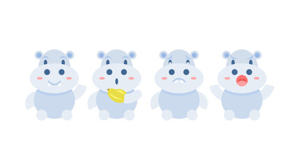 a collection of funny, cute and adorable hippo illustrations. hippo characters with various poses and expressions. clip art and stickers. animal. flat style illustration concept design. graphic