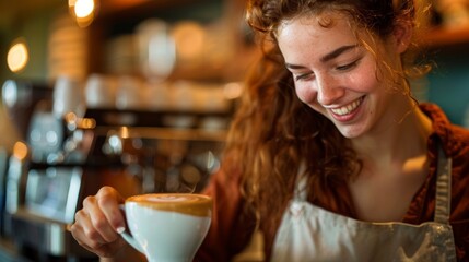 Smiling female barista presenting a freshly crafted latte in a cozy cafe setting