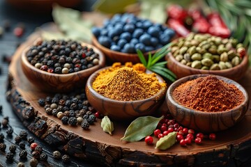 Spices on a wooden background, close-up. Bay leaf, black pepper peas and cardamom. Seasonings and herbs of world cuisines - obrazy, fototapety, plakaty