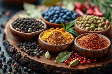 Fotobehang Spices on a wooden background, close-up. Bay leaf, black pepper peas and cardamom. Seasonings and herbs of world cuisines © Fay Melronna 