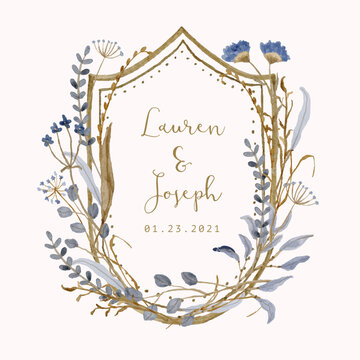 blue brown floral wedding crest watercolor