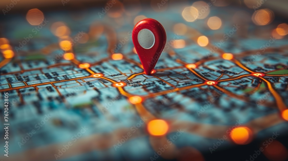 Aufkleber close-up of a red map pin pointer on a black cellphone over a white surface.