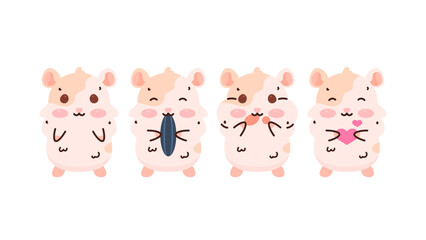 a collection of funny, cute and adorable hamster illustrations. Hamster characters with various poses and expressions. clip art and stickers. animals or rodents. flat style illustration concept design