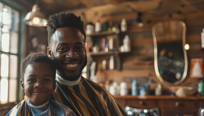 A man and a child are sitting in a barbershop - obrazy, fototapety, plakaty