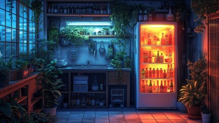  A well-stocked fridge beside a lush green kitchen with an array of potted plants and indoor greenery