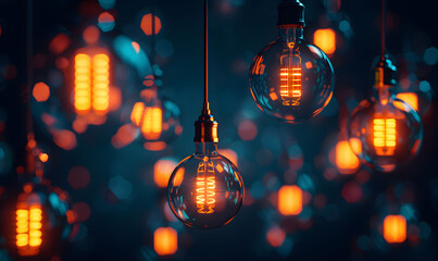 Obraz premium Warm Glowing Light Bulbs Suspended Against a Dark Background