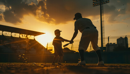 A man and a child are playing baseball in a stadium