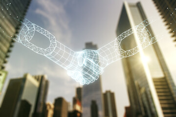 Double exposure of abstract virtual blockchain technology hologram with handshake on modern skyscrapers background. Research and development decentralization software concept