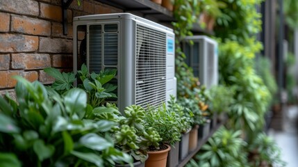   Two AC units resting atop a brick wall with various potted plants nearby - obrazy, fototapety, plakaty