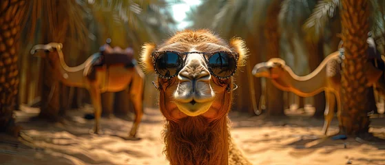 Foto op Plexiglas a camel wearing sunglasses and a saddle in the background © Masum