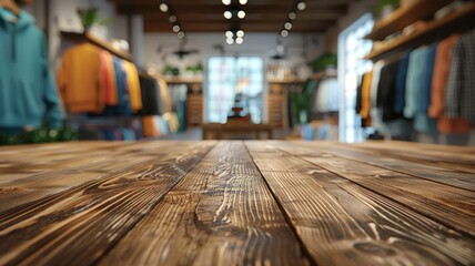Wooden surface with a warm and inviting clothing shop in the bokeh background