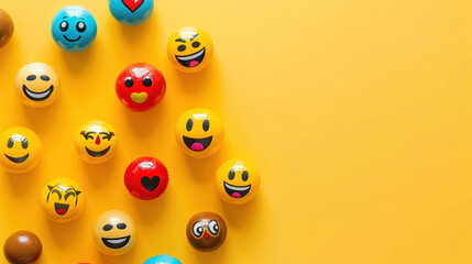 Fototapeta premium World emoji day 3d banner background. Emoji Celebration 3D Banner Background. World emoji day with a funny emojis. World smile day emojis. Mental health assessment, world mental health day concept. 