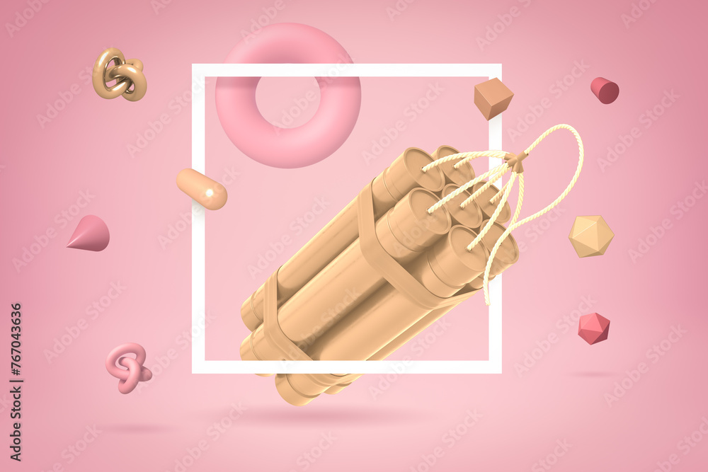 Poster 3d close-up rendering of golden orange dynamite bundle floating through white frame