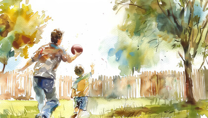 A man and a boy are playing with a football in a park