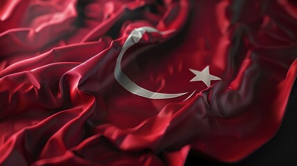A closeup of the Turkish flag. The flag is red with a white crescent moon and star. The flag is waving in the wind. - obrazy, fototapety, plakaty