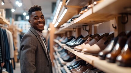 Customer is choosing shoes in the footwear store - obrazy, fototapety, plakaty