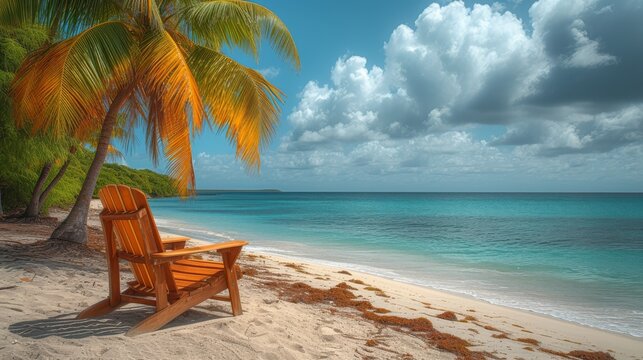   Wooden chair on sandy beach under palm tree by blue water