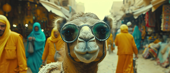 a camel wearing sunglasses in a crowded street - obrazy, fototapety, plakaty