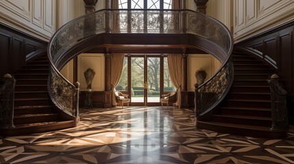 Elegant chateau-inspired circular staircase hall with inlaid herringbone parquet floors wrought...