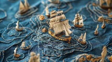 Macro Pirate Ships Sailing on a Denim Sea