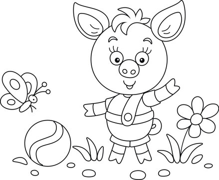 Funny cartoony little piglet playing with its ball and merry butterfly on a summer lawn, black and white outline vector cartoon illustration for a coloring book